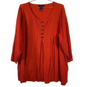 Ali Miles Tunic Shirt Womens 1X Red Crinkle Textured Scoop Neck Long Sleeve